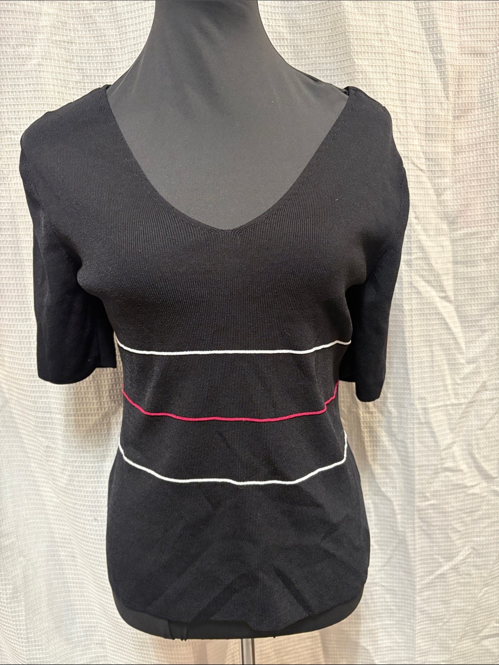 White House Black Market Black Short-Sleeve V-Neck Top with Stripe Detail